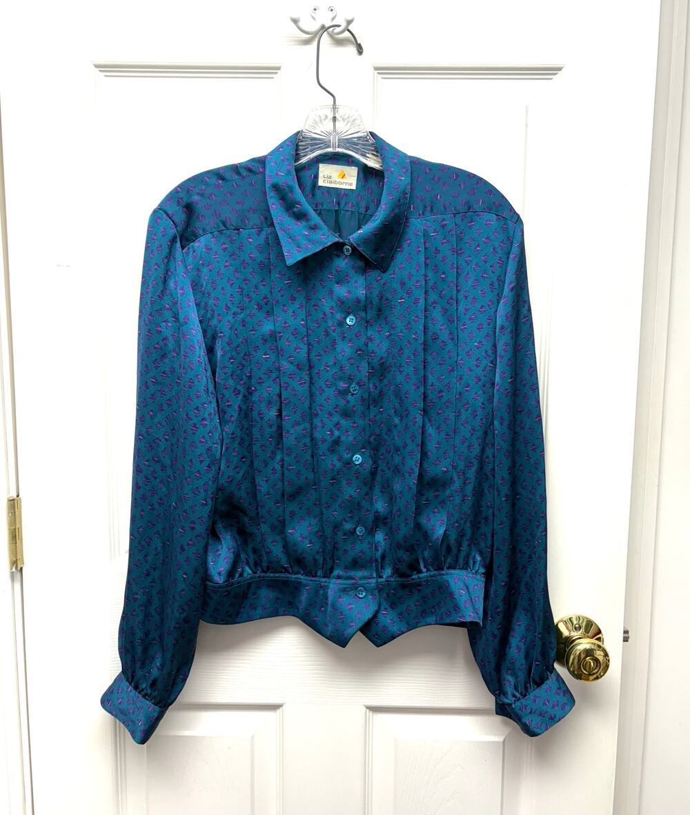 Liz Claiborne Blouse Vintage Blouson Button Front Teal Purple Print Size 10 80s